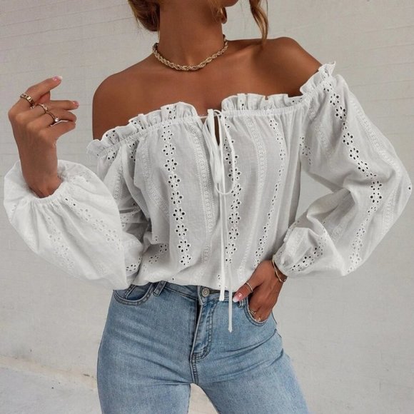 undefined Tops - Off Shoulder Knot Front Lantern Sleeve Schiffy Blouse